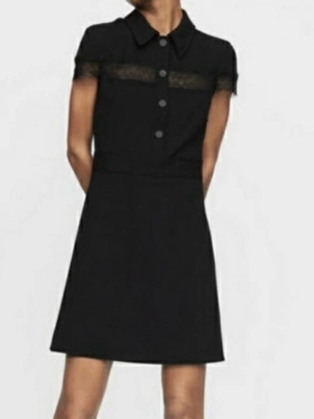 Maje Black Short-Sleeve Mini Dress with Lace Trim